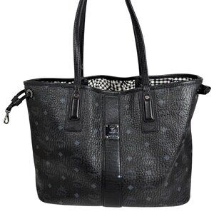 MCM Liz Reversible Black Visetos Gingham Canvas Shopper Tote Shoulder Bag